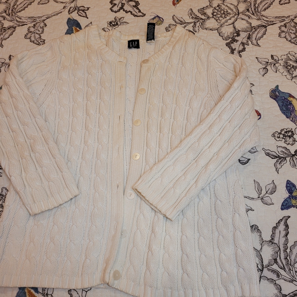 GAP Vintage White Cable Knit Button Up Cardigan 3/4 Sleeves Sz Medium